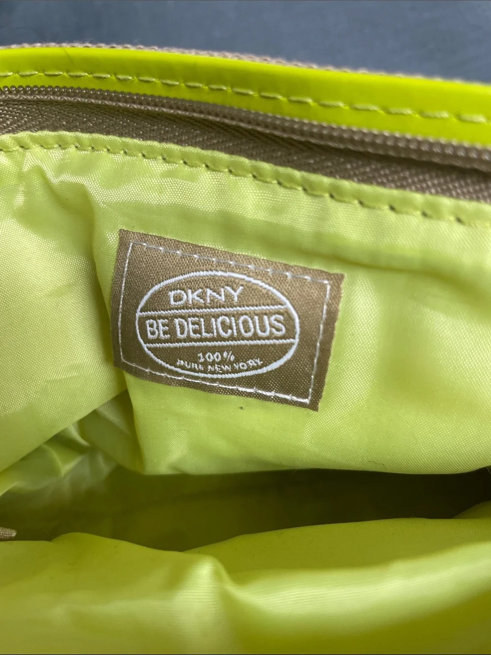 DKNY Tan Canvas 'Be Delicious' Pure New York Logo Zippered Make Up Pouch Bag